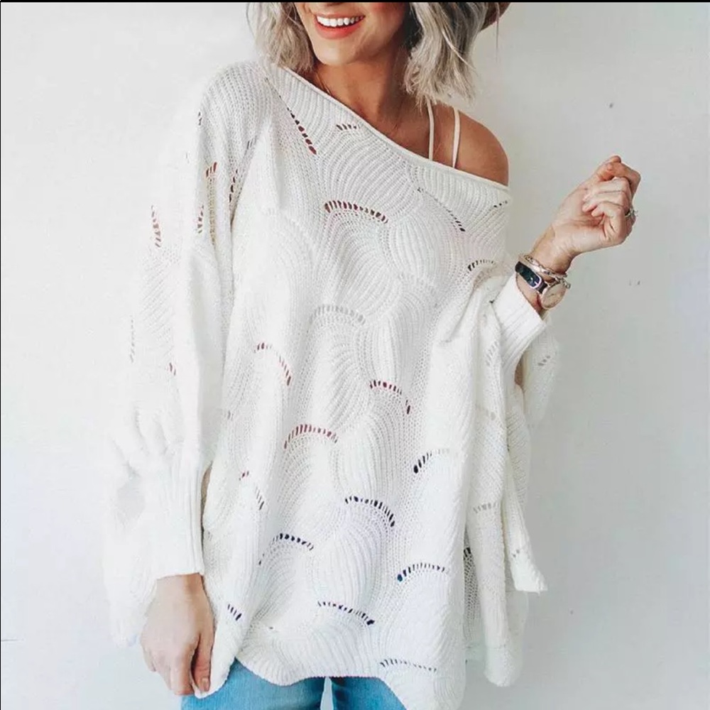 Boho Knit Sweater Scalloped Crochet Oversized - Picture 4 of 11